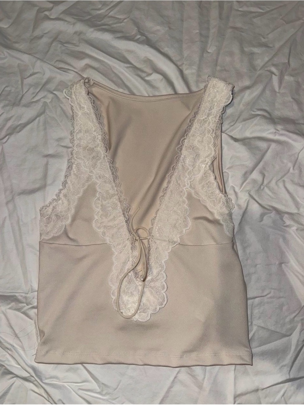 Forever 21 Cream Lace-Trim V-Front Crop Top
